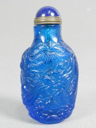 Chinese Two Dragon Handmade Carved Blue Peking Glass Snuff Bottle
