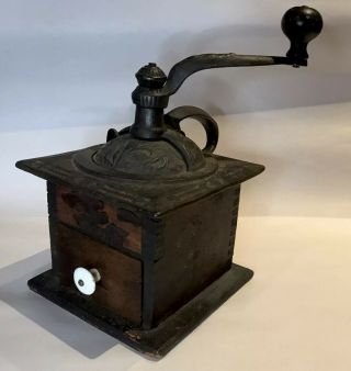 Vintage Antique Wood & Cast Iron Hand Crank Coffee Bean Grinder Mill
