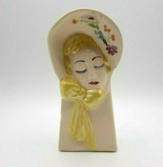 Vintage Ceramic Wall Pocket With Lady In A Flower Hat Yellow Lusterware Bow