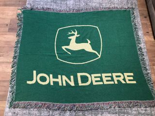 Rare John Deere Green Woven Fringed Throw Blanket 60” X 50”