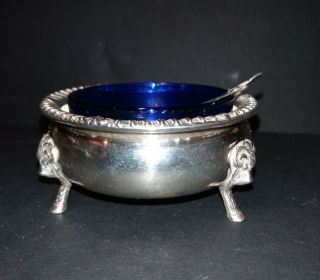 Vintage Sterling Silver.  925 Footed Salt Cellar With Cobalt Blue Glass Liner