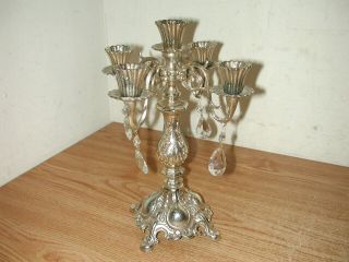 Vintage Victorian Style Silver Metal 5 - Candle Candelabra Stand W/ Crystal Prisms