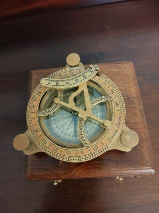 Brass Sundial Compass In Wood Box 4 1/2 " Nautical Maritime Vintage Old