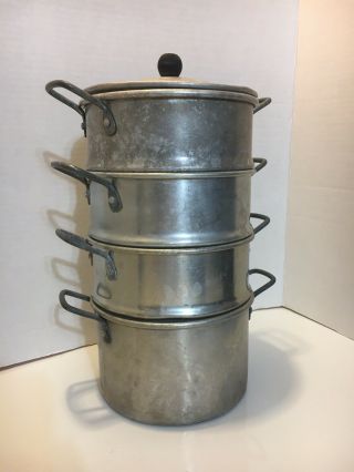 Vintage Aluminum 4 Tier Steamer Pot W/ Lid Dumplings Seafood 12” High