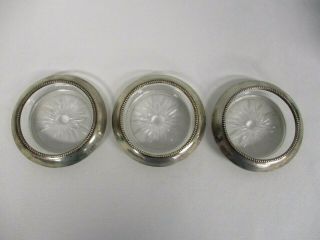 3 Vintage Frank M Whiting Glass W Sterling Silver Beaded Edge 04 Coasters 4 "
