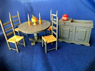 Vtg Signed Dining Room W/4 Caned Chairs/drysink Miniature Dollhouse Furniture