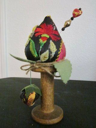 Crazy Quilt Pin Cushion On A Spool Stand.  Red Flower With Heart Stick Pin