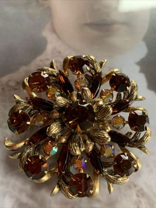 Vintage Signed Selini Amber Topaz Ab Glass Rhinestone Brooch Pin Antiqued Gold T