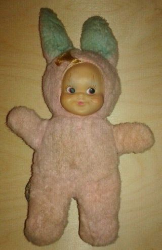 Rare Vintage Rushton Rubber Face Doll 11” Bunny Baby Pink Blue Great Paint Mcm