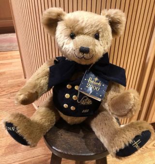 Harrods 2000 Millennium Teddy Bear With Navy Vest And Brass Buttons Tag