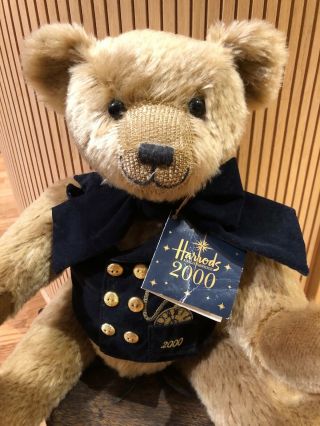 Harrods 2000 Millennium Teddy Bear With Navy Vest And Brass Buttons Tag 2