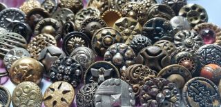 Antique Vintage Victorian Metal Buttons Mixed Designs Cut Steel - 59 Small