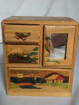 Vintage 1950 " S Miniature Japanese Inlaid Chest Of Drawers