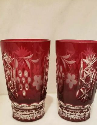 2 Antique Bohemian Czech Crystal Ruby Red Cut To Clear Glasses Tumblers 5.  25 "