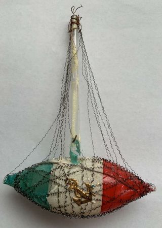 Antique Vtg Wire Wrapped Red,  White & Blue Glass Sail Boat Christmas Ornament