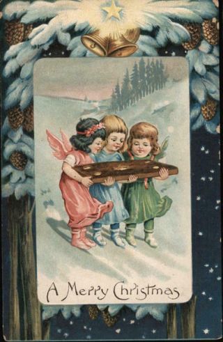 Christmas Children A Merry Christmas United Art Co.  Antique Postcard 1c Stamp