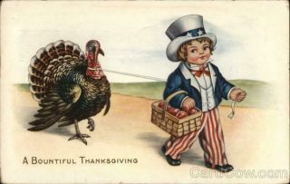 Children 1914 A Bountiful Thanksgiving Whitney Made Antique Postcard 1c Stamp