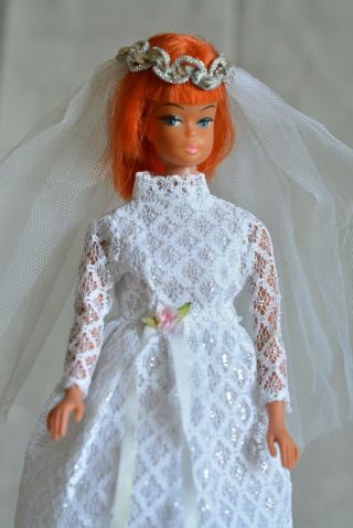 Vintage Barbie Francie Clone Mod Wedding Gown Dress White Silver,  60s