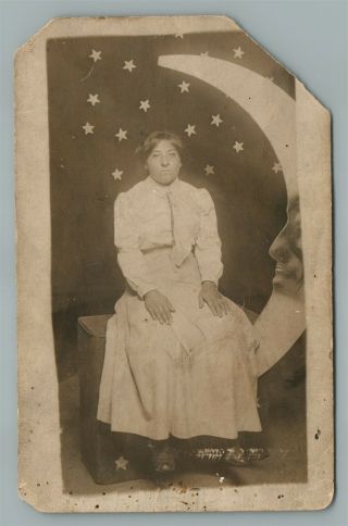 Lady W/ Paper Moon Antique Real Photo Postcard Rppc