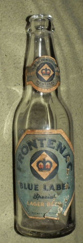 Frontenac Blue Label Special Lager Beer Bottle Montreal Quebec Canada Glass Rare