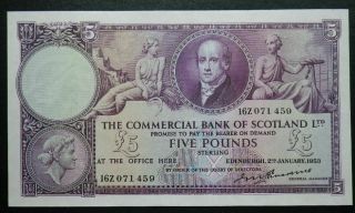 Scotland Commercial Bank Of Scotland 1953 £5.  00 Pounds (aunc) Rare Sc 414a