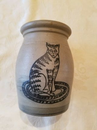 Rare Vintage 1992 Rowe Pottery Blue Cat Stoneware Crock Jar 6.  75 "