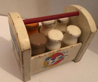 Rare Vintage Playskool Dairy Milk Crate Wooden Cow Toy Old Milkman W 6 Bottles