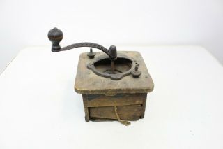 Antique Dovetail Wood & Cast Iron Hand Crank Coffee Bean Grinder Kitchen Tool