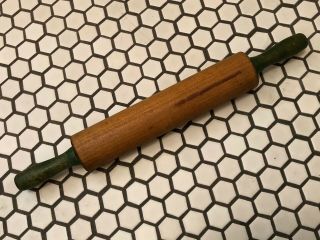 Vtg Antique Primitive Wooden Kitchen Utensil Rolling Pin W/ Green Painted Handle