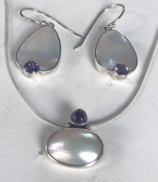 Vintage Sterling Silver Mother Of Pearl & Amethyst Earrings & 20”necklace Set