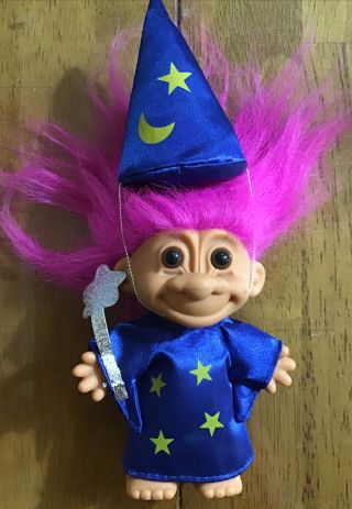 Vintage Russ Troll Doll Wizard W/pink Hair Hat And Wand And Turquoise Troll Gem