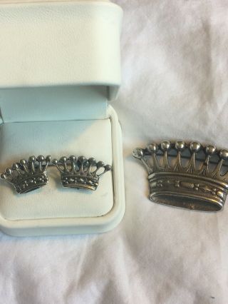 Estate Vintage Sterling Silver Rare Set Brooch And Earrings Queens Crown 22 Gram