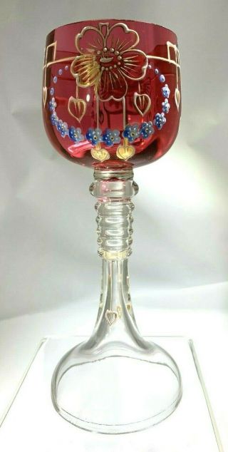 Antique Moser Hand Painted Bohemian Rose To Clear Enameled Floral Wine Glass