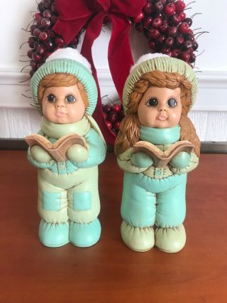 Rare Vintage Ceramic Hand Painted Dona Child Christmas Carolers W/ Fuzzy Hats