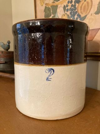 Antique / Vintage Primitive 2 Gallon Brown and White Stoneware Crock - Cobalt 2 2
