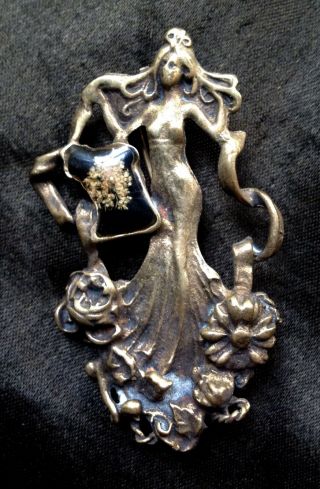 Lovely Antique French Art Nouveau Bronze Pendant Brooch Lady Woman Black Enamel