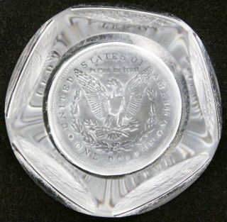 Rare Vintage Fostoria Coin Glass Frosted Clear Glass Paperweight Morgan Dollar