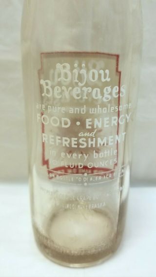 Very Rare BIJOU BEVERAGES Clear Glass ACL 10 oz.  Soda Bottle - Lincoln NE 3