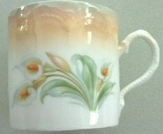 Antique 3 " Peach Green Calla Lilly Floral German Porcelain Lusterware Coffee Mug