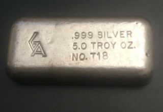 Rare Golden Analytical Ga 5.  0 Oz Poured 999 Silver Bar,  No.  T18