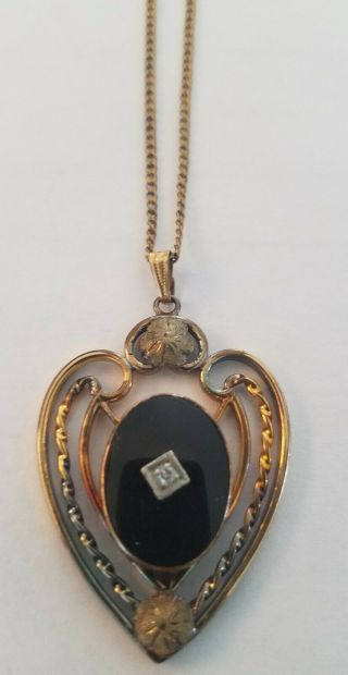 Antique Vtg Heart Necklace (1 20) 12k Gold Filled Gf Onyx Diamond Chip