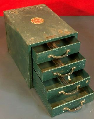 Antique Tin Metal Storage Box 4 Drawers Industrial Tool Parts Bin Cabinet