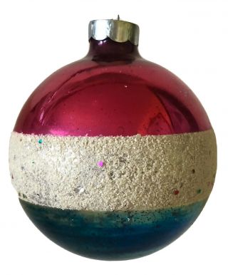 Antique Wwii Patriotic Red White & Blue Mica Blown Glass Christmas Tree Ornament