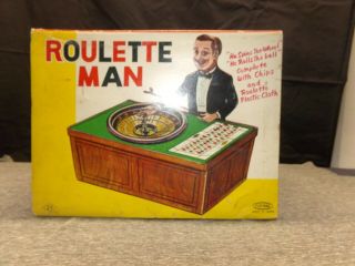 Rare 1960s Plaything Roulette Man Tin Toy With Box Chips And Mat