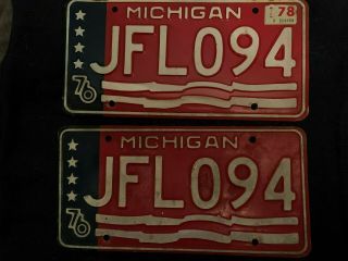 Vintage 1976 Michigan License Plate Set Of 2 Bi - Centennial Antique