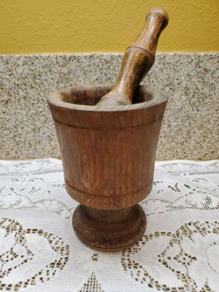 Vintage Antique Primitive Wood Mortar And Pestle Rx Pharmacy Apothecary