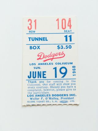 Authentic Rare Vintage 1960 Dodgers Baseball Game Ticket Stub La Coliseum 7