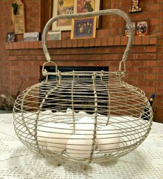 Primitive Antique Vintage French Farm Wire Egg Basket Coil Handle Footed Rustic
