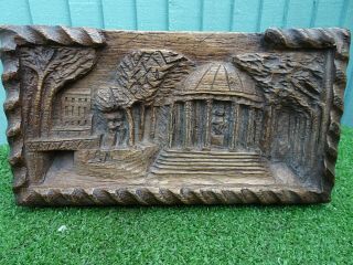 Antique Wooden Relief Carved Panel,  Figures & Other In Garden Setting