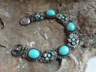 Antique Sterling Turquoise Flower Link Bracelet W Snap Closure 7 " 813d